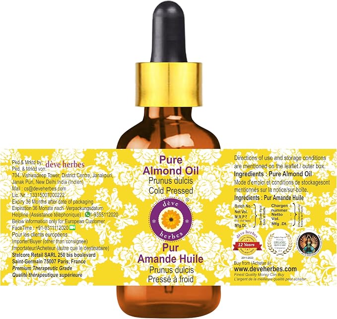 dève herbes Almond Oil (Prunus dulcis) with Glass Dropper | Cold Pressed | Pure | Natural | for Diluting Essential Oils | for Skin & Massage | Non-Sticky | Lightweight | Unisex | 15ml (0.50 oz)