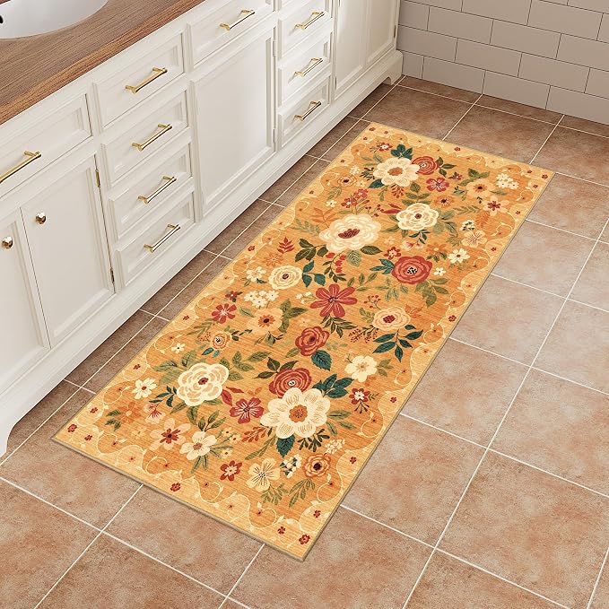 DUKINO 2x4 Entryway Rug, Floral Washable Kitchen Rugs Non Slip, Orange | Low Pile, Soft Indoor Runner Rug for Hallway, Bedroom, Bathroom, Laundry, Pet Friendly, Modern Home Decor, Stain Resistant