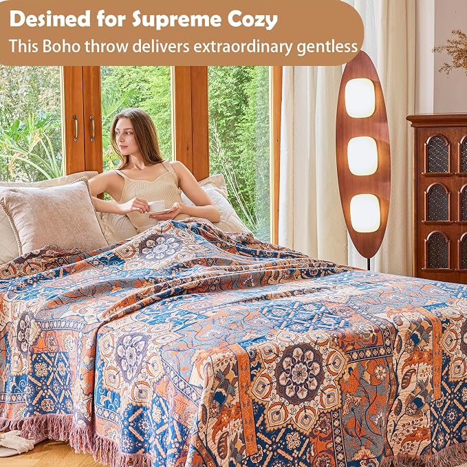 VANJOROY Boho Throw Blanket for Bed Couch 50" x 60", 100% Organic Cotton Skin-Friendly Ultra Soft Quilt Orange Throw - Floral Rustic Room Decor Luxury Reversible Blanket for Sofa Chair and Gift