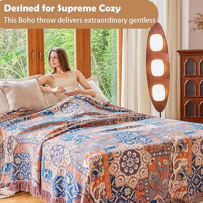 VANJOROY Boho Throw Blanket for Bed Couch 80" x 90", 100% Organic Cotton Skin-Friendly Ultra Soft Quilt Throw - Floral Rustic Living Room Decor Luxury Reversible Blanket for Sofa Chair and Gift