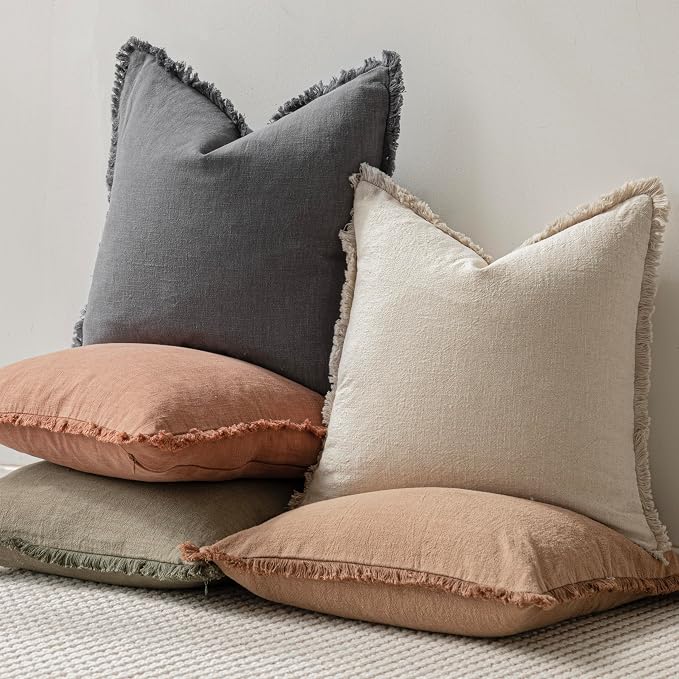 Foindtower Set of 2 Decorative Linen Fringe Throw Pillow Covers Cozy Boho Farmhouse Cushion Cover with Tassels Soft Accent Pillowcase for Couch Sofa Bed Living Room Home Decor, 24×24 Inch, Gray