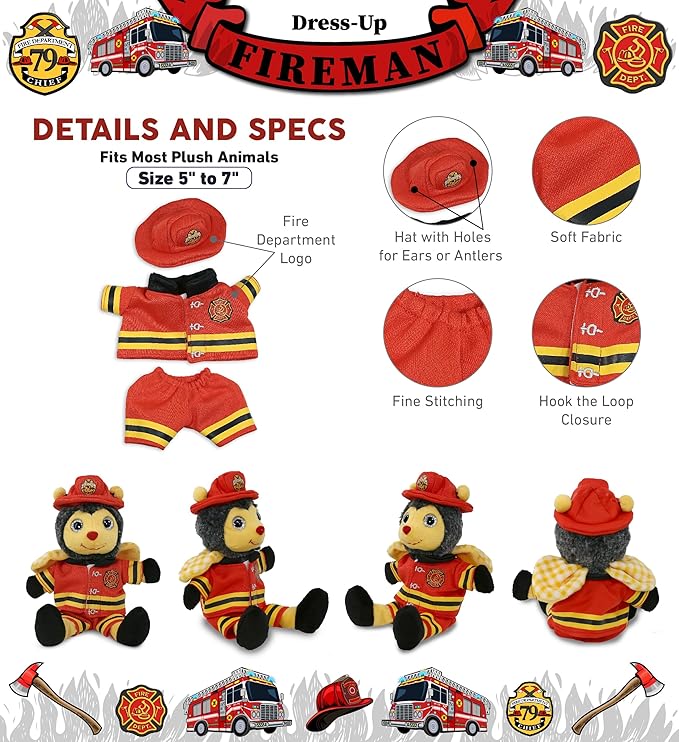 DolliBu Firefighter Dress Up with Holes in Helmet Set for Teddy Bear Plush Toy - Firefighter Hat and Stuffed Animal Clothes Set, Teddy Bear Costume Set with Fireman Helmet, Jacket and Pants - Small
