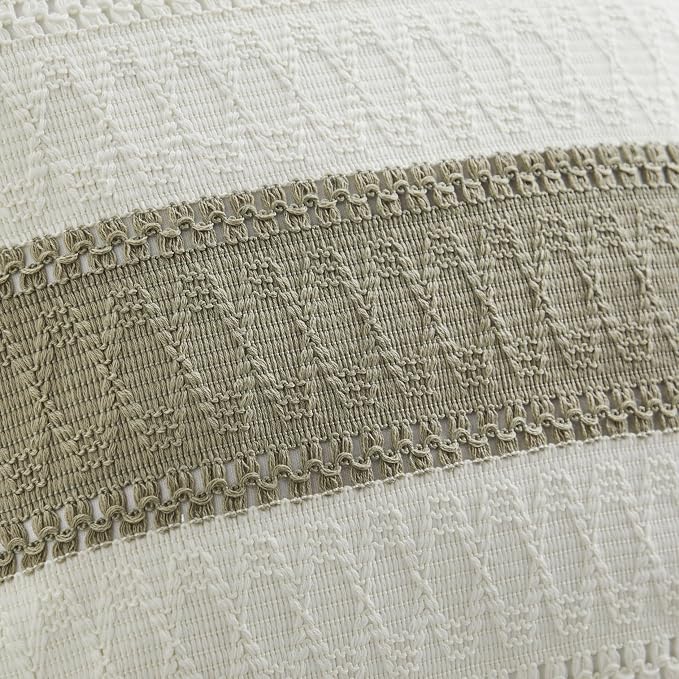 2pk Boho Pillow Covers 16x16, Natural White/Contrast/Dark Sage | 100% Organic Cotton Body, Stripe Embroidery, Farmhouse Decorative Cushion Covers for Sofa Bed Living Room Home Decor