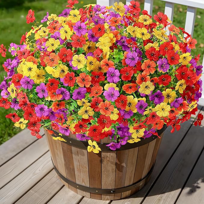 Alupssuc 24 Bundles Artificial Daisy Flowers UV Resistant for Outdoor Decor | Silk & Plastic, Spring Faux Plants Greenery, Bendable Stems, for Porch Patio Hanging Window Planter Yard Outside, 4 Colors