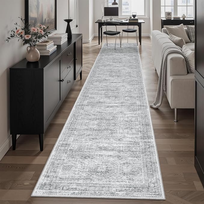 Soalmost Runner Rug 2x12 Washable Non-Slip Hallway Kitchen Runners Grey | Stain Resistant Vintage Rugs for Bathroom Laundry Room, Low Pile Foldable Floor Carpet Mat for Entryway Corridor Bedroom