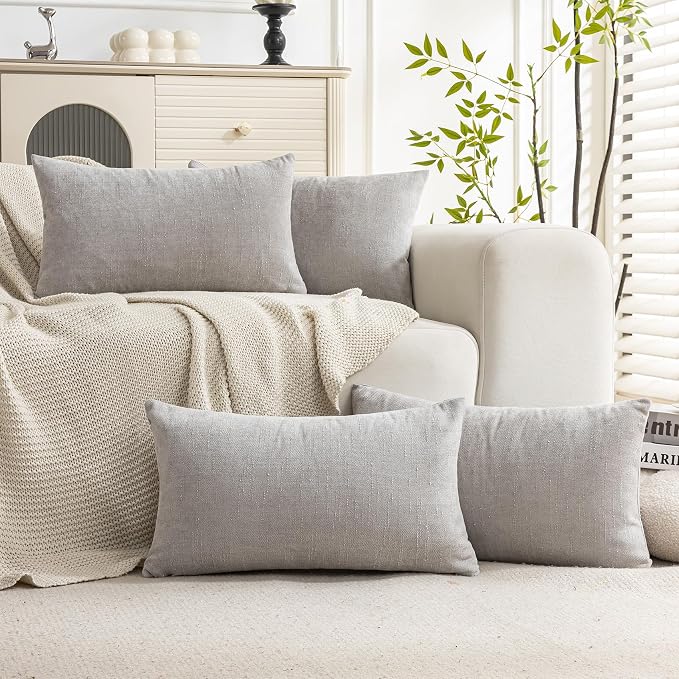 Set of 4 Soft Textured Decorative Throw Pillow Covers 12X20 Inch Cozy Farmhouse Cushion Cover Square Accent Pillow Cases for Bed Couch Sofa Living Room, Light Grey