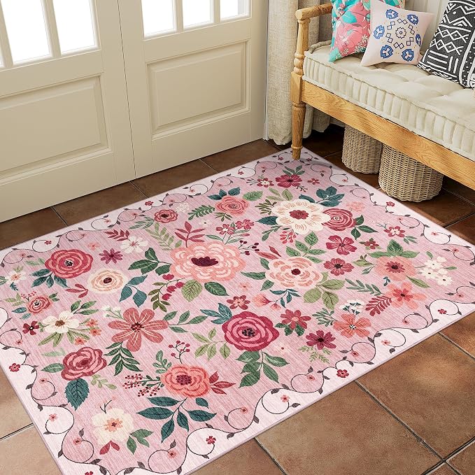 DUKINO 3x5 Area Rug, Floral Washable Rug for Bedroom Non Slip, Pink | Soft, Stain Resistant Low Pile Indoor Rug for Entryway, Bedroom, Bathroom, Living Room, Pet Friendly, Home Decor, Lightweight