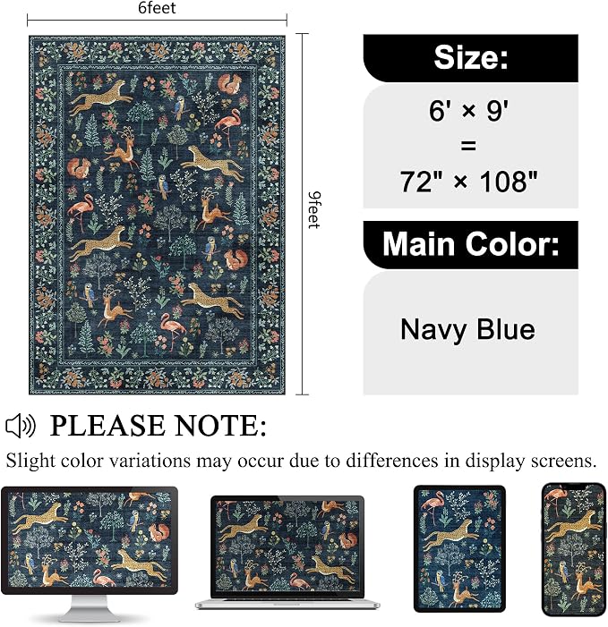 DUKINO 6x9 Area Rug, Washable Animal Living Room Rug Non Slip, Navy Blue | Soft, Low Pile, Non-Shedding Indoor Large Carpet for Bedroom, Dining Room, Kids PlayRoom, Farmhouse, Pet Friendly, Home Decor
