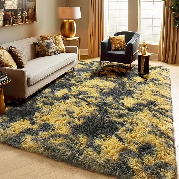 PAGISOFE 4x6 Black and Yellow Bedroom Rugs, Fluffy Modern Living Room Area Rug, Fuzzy Shaggy Carpet, Indoor Plush Rugs for Kids Room Furry Floor Rug for Boys Room Decor Carpet for Teen Dorm Nursery