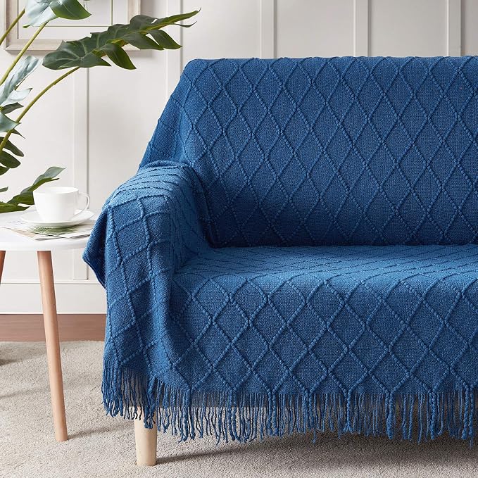 BOURINA Royal Blue Throw Blanket 60x80Inch Knitted Soft Throw Sofa Blanket | Knitted Throw Blanket 60x80 Inches, Soft Lightweight Boho Weave Throw Decorative Couch Blanket for Living Room Bedroom Chair