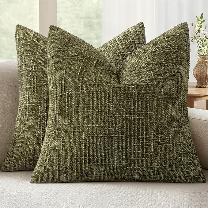 MIULEE Chenille Textured Throw Pillow Covers Olive Green 18x18 Set of 2 | Slubby Decorative Pillows, Boho Farmhouse Home Decor, Modern Neutral Cushion Covers for Couch Sofa Bed Living Room