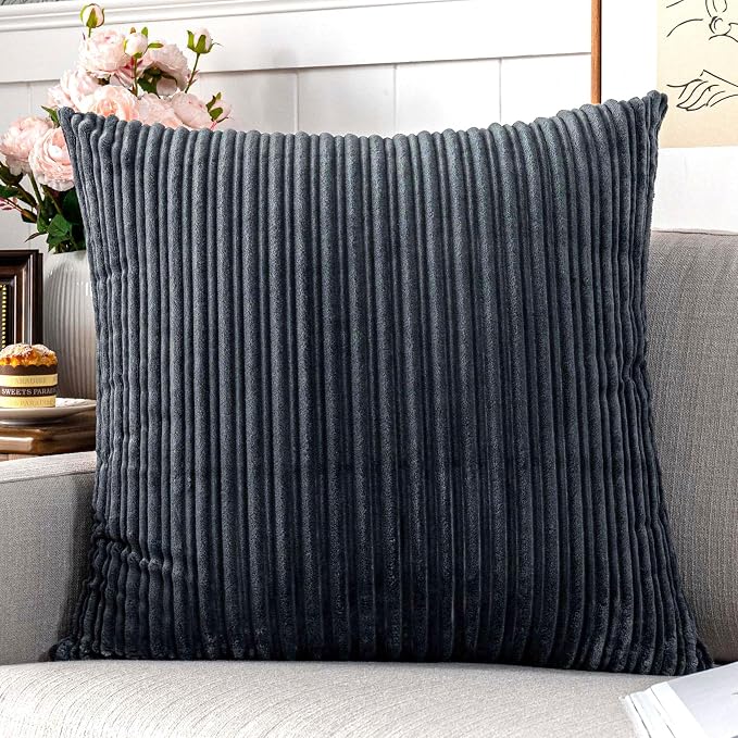 UGASA Corduroy Striped Soft Soild Decorative Square Throw Pillow Covers Set Cushion Cases Pillowcases for Sofa Bedroom, 2 Pcs, 24x24inch, Dark Grey