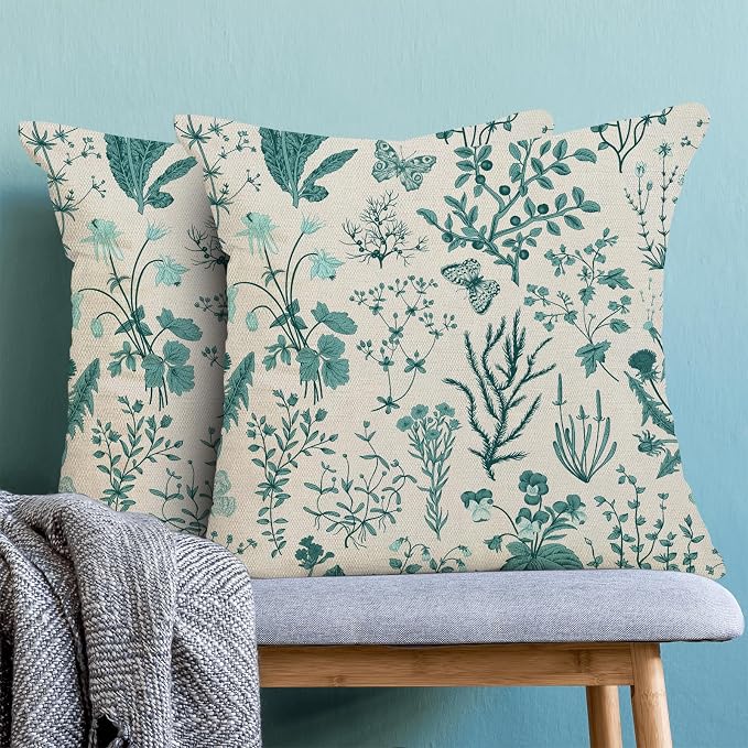 AEIOAE Summer Pillow Covers 16x16 Inch Set of 2,Teal Green Wild Flower Plant Throw Pillows Case,Seasonal Floral Outdoor Decorative Square Linen Farmhouse Decor Cushion Covers for Home Sofa Bed Couch