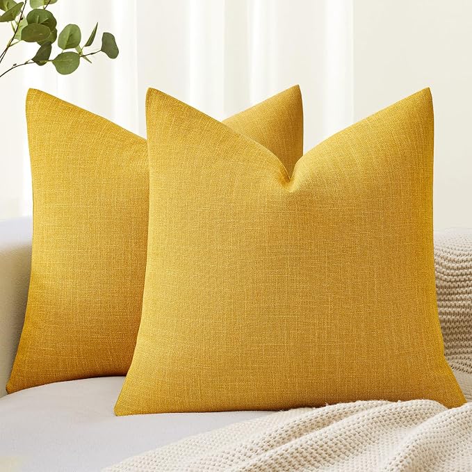MIULEE Pack of 2 Decorative Linen Burlap Textured Pillow Covers Farmhouse Boho Accent Pillowcases Spring Home Decor for Couch Sofa Bedroom Living Room 20x20 Inch Bright Yellow
