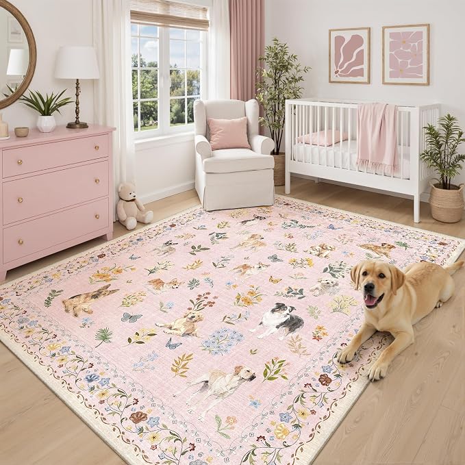 Soalmost Dog 6x9 Pink Area Rugs for Baby Girl Nursery, Washable Soft Rug | Floral Vintage Non-Slip Low Pile Cute Throw Rugs for Living Room Kitchen Dining Room Bedroom Nursery Playroom 5' x 7'