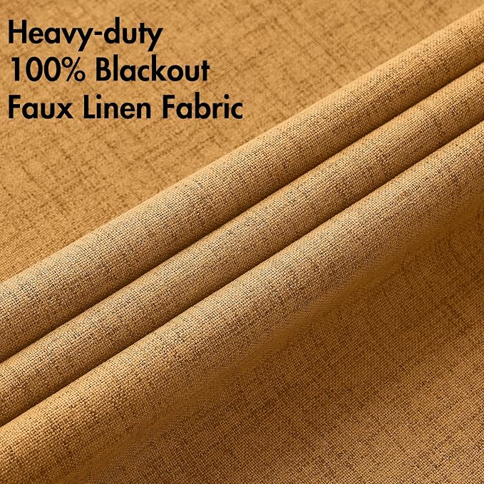 MIULEE 100% Blackout Linen Textured Curtains for Bedroom Solid Thermal Insulated Mustard Yellow Grommet Room Darkening Curtains & Drapes Luxury Decor for Living Room 52 x 54 Inch (2 Panels)