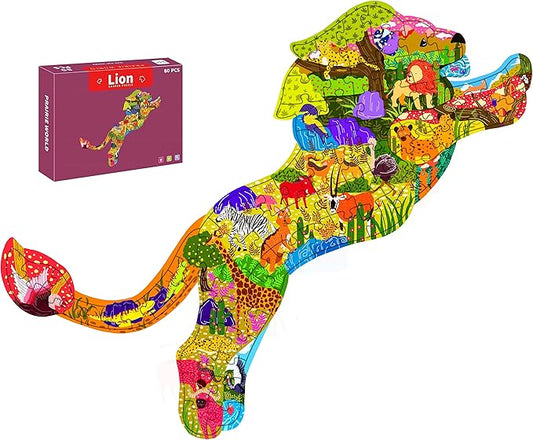 Jigsaw Puzzles for Kids Ages 4-8, 8-10, Colorful Animal Shaped Puzzle Floor Puzzles Children Learning Educational Toys Games Gifts for Boys and Girls (Lion-80 PCS)