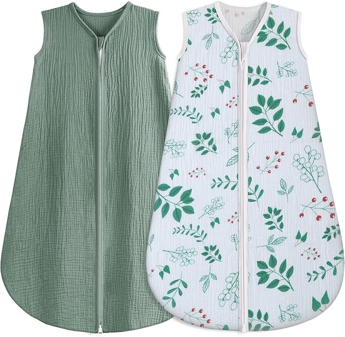 BSTOPPT 2 Pack Baby Sleep Sack 18-24 Months 100% Organic Cotton Muslin Baby Sleeping Bag 2-Way Zipper Wearable Blankets TOG 0.3 (Green & Leafy Cherry, X-Large)