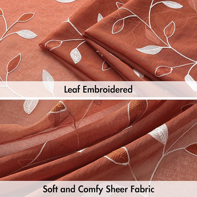 MIULEE Terracotta Sheer Curtains 2 Panels Embroidered Leaf Patterned burnt Orange Rod Pocket Floral Semi Faux Linen Fall Window Curtains Drapes Set for Living Room Bedroom Dining Room, 52x63 Inch Long