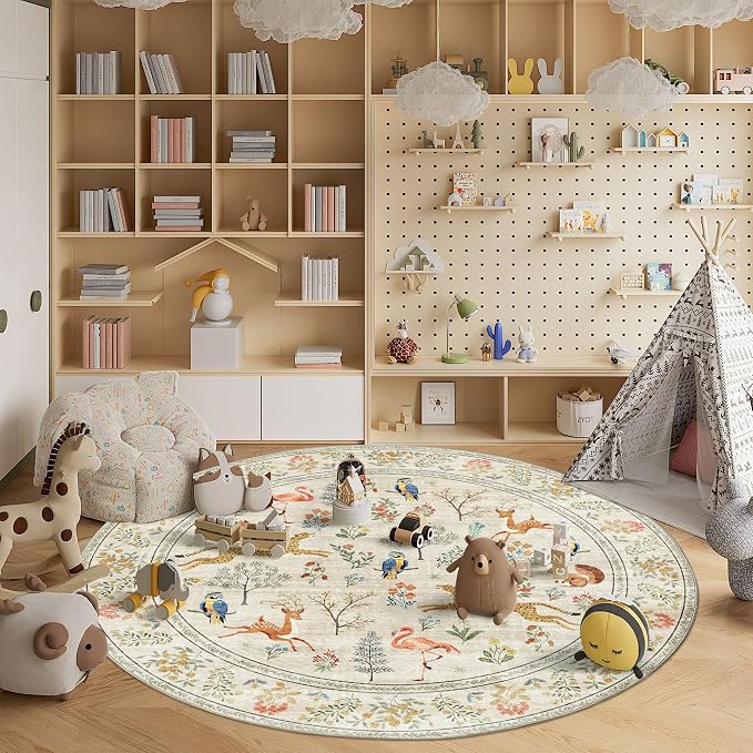 DUKINO 6ft Round Rug for Bedroom, Washable Soft Non Slip Circle Rug, Beige | Low Pile, Stain Resistant, Animal Indoor Carpet for Living Room, Kitchen, Dining Room, Nursery, Farmhouse, Pet Friendly