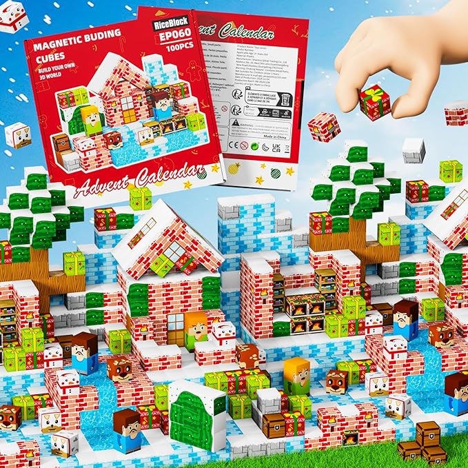RiceBlock 100PCS Magnetic Blocks Toys for Kids, Advent Calendar 2025-14 Days Countdown Christmas, Science Learning Toys,Magnetic Cubes Building Blocks Toys for New Year