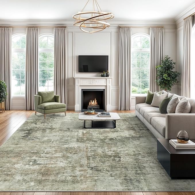 Soalmost Abstract Area Rug 6x9 for Living Room Washable Rugs Green Black | Non-Slip Low-Pile Carpet for Dining Bedroom, Foldable Thin Vintage Stain Resistant Floor Mat Under Table Home Office Nursery