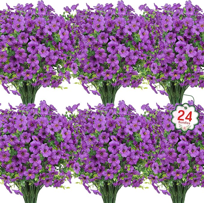 Ouddy Decor 24 Pcs Artificial Flowers for Outdoors Decorations, Purple | Lifelike silk flowers, UV resistant, faux plastic plants, for garden porch window table vase home indoor outdoor decor