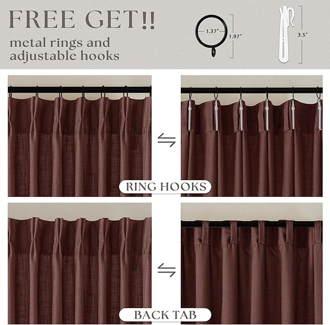 Chestnut Brown Pinch Pleated Linen Sheer Curtains 45 Inch Length 2 Panels | for Kitchen Small Bay Window Basement, Pinch Pleated with Hooks Rings Back Tab, Memory Shape, Thick Linen Semi Sheer, W40xL45