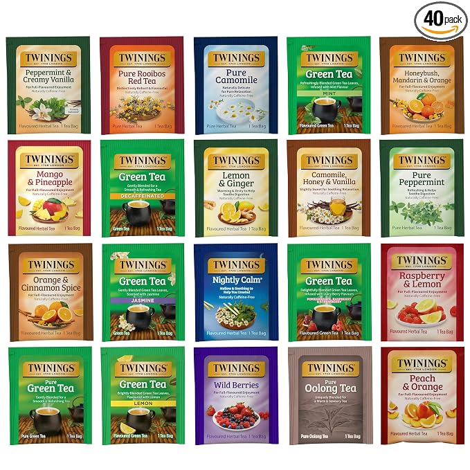 Twinings Herbal and Green Tea Bag Sampler, Assortment Variety Pack (40 Count) 20 Different Flavours for Tea Lovers: Her, Him, Women, Men, Couples, Family, Friends, Coworkers