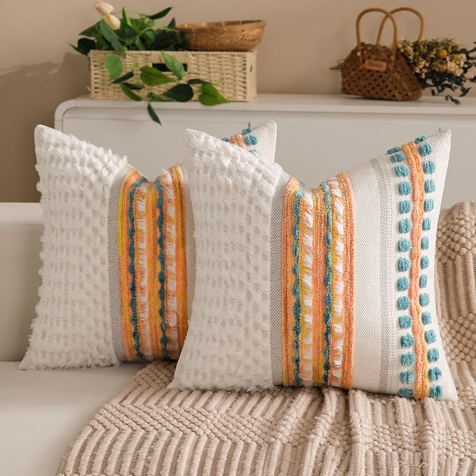 Fall Boho Chenille Tufted Couch Throw Pillow Covers 18x18 Inch Set of 2 Farmhouse Striped Decorative Pillow Covers Accent Neutral Pillowcase Yellow Teal Cushion Cover for Living Room Sofa Bed