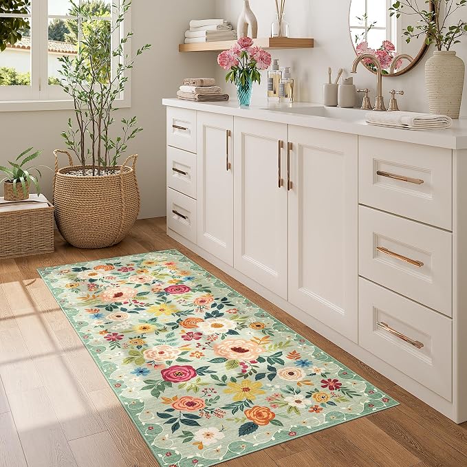 DUKINO 2x5 Runner Rug, Floral Washable Rug for Kitchen Non Slip, Green | Low Pile, Soft, Stain Resistant Indoor Rug Runner for Entryway, Hallway, Bedroom, Bathroom, Laundry, Pet Friendly, Home Decor