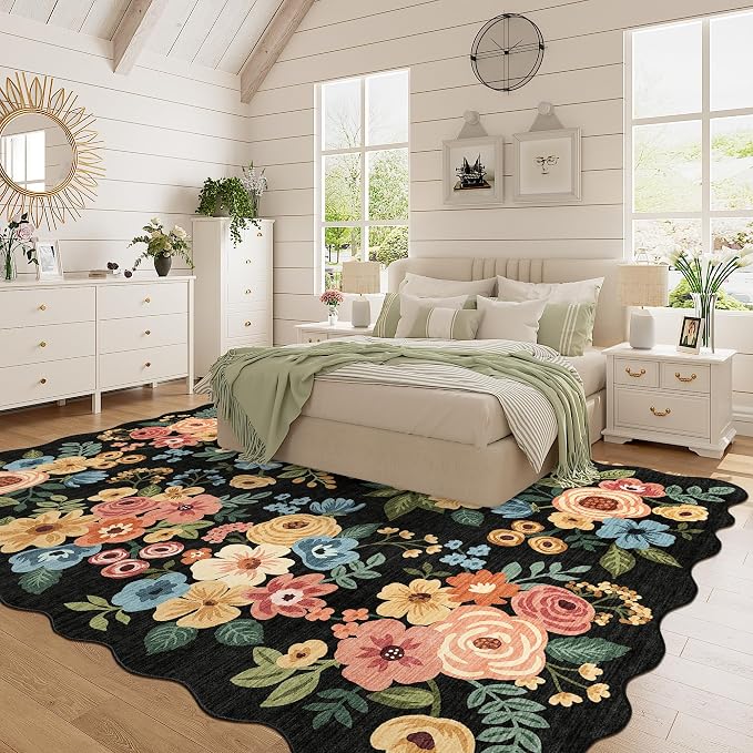 DUKINO 6x9 Area Rugs, Floral Washable Rug for Living Room Non Slip, Black | Low Pile, Stain Resistant, Soft Indoor Large Rugs for Bedroom, Dining Room, Kids Playroom, Nursery, Pet Friendly, Home Decor