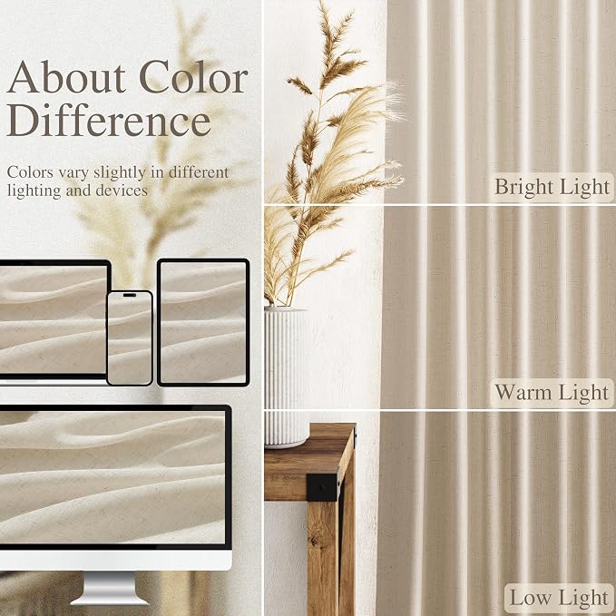 Birch Beige Linen 144 Inch Curtains for Living Room Light Filtering Semi Sheer Curtain Back Tab Modern Farmhouse Decor Elegant Coastal Drapes Floor to Ceiling High Window for Bedroom 52x144, 2 Panels