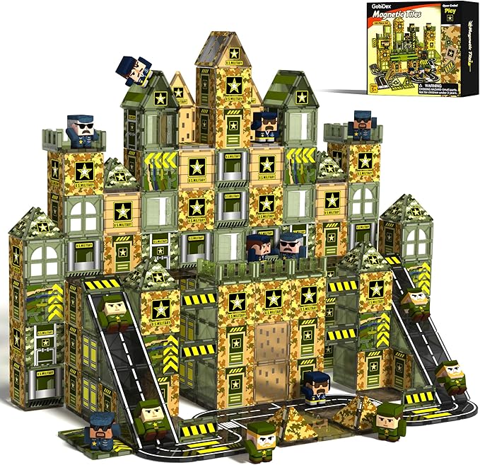 GobiDex 100PCS Army Magnetic Tiles with 6 Toy Soldiers, Military Magnetic Blocks Building Toys for Kids Ages 3-5 4-8, STEM Construction Army Men Toddler Toys Birthday Gifts for 3+ Year Old Boys Girls