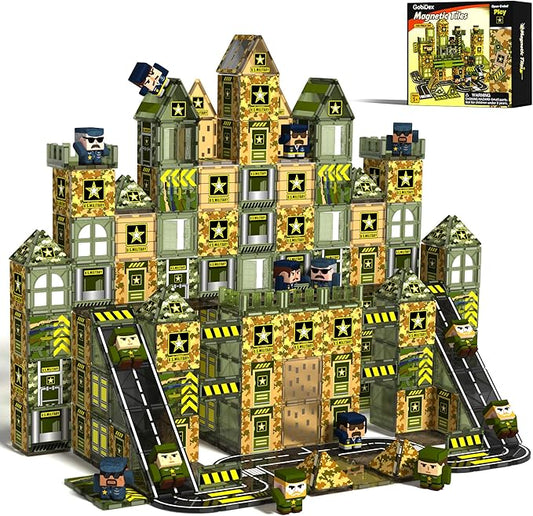 GobiDex 100PCS Army Magnetic Tiles with 6 Toy Soldiers, Military Magnetic Blocks Building Toys for Kids Ages 3-5 4-8, STEM Construction Army Men Toddler Toys Birthday Gifts for 3+ Year Old Boys Girls