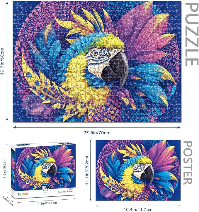 1000 Piece Jigsaw Puzzle for Adults - Colorful Macaw Parrot Art, Tropical Bird Puzzle with Vibrant Blue Yellow Purple Feathers
