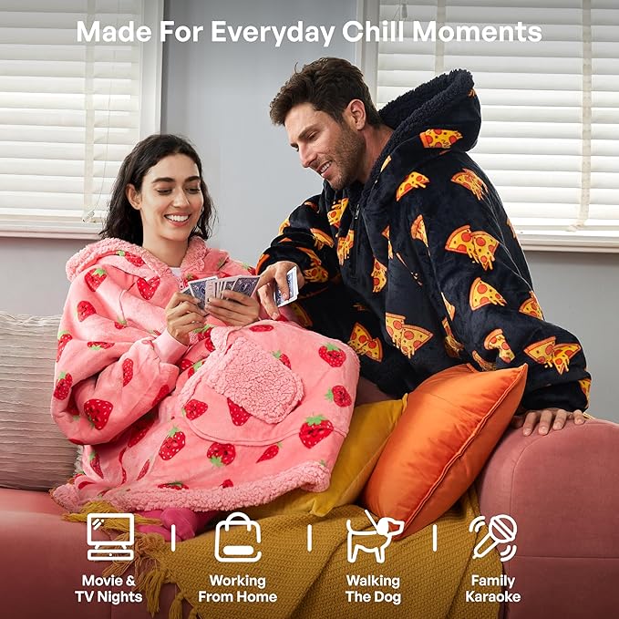 Giggling Getup Wearable Blanket Hoodie for Adults Gifts for Teen Girls Sister Women Sherpa Fleece Printed Hooded Blanket Sweatshirt Warm Cozy with Pocket & Sleeves Black Pizza