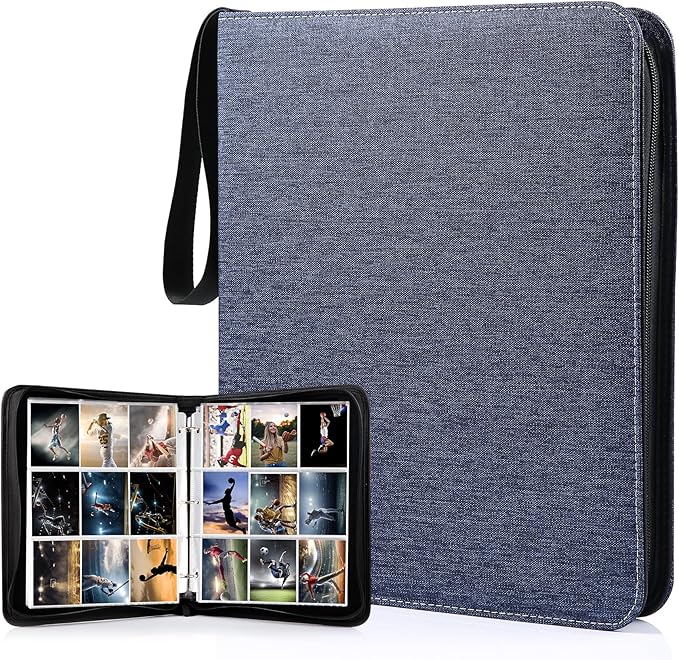 WOT I Trading Card Binder, 900 Pockets Collection Card Binder Sleeves with Polyester Fabric Cover&Zipper - Dark Blue