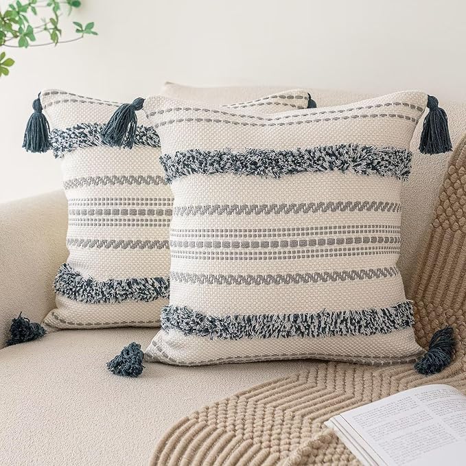 BUIOVBEY Boho Throw Pillow Covers Woven Tufted Pillow Cases with Tassels | Farmhouse Pillow Covers 18x18 Set of 2 Textured Striped Cushion Case Neutral Decorative Pillowcase for Sofa Couch Dark Blue