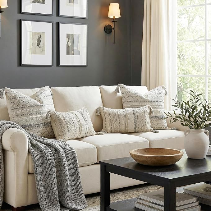 Decorative Lumbar Throw Pillow Covers 12x20 Combo Set of 2 Gray Rectangular Boho Accent Pillowcase Neutral Grey Farmhouse Cushion for Couch Sofa Bedroom Living Home Décor Cover ONLY