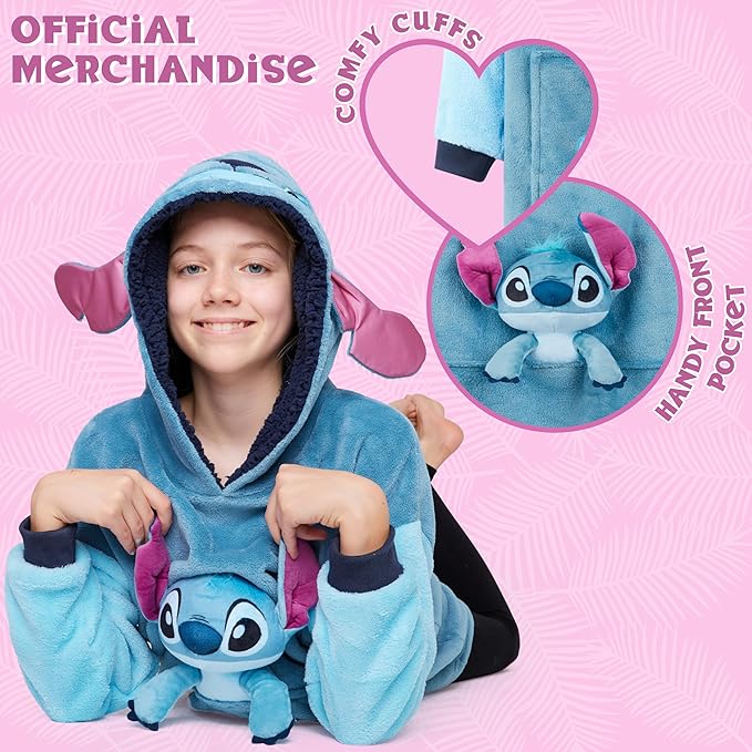 Disney Blanket Hoodie with Plushie and 3D Ears Wearable Comfy Oversized Sweatshirt Sherpa Fleece Blanket Gifts for Kids