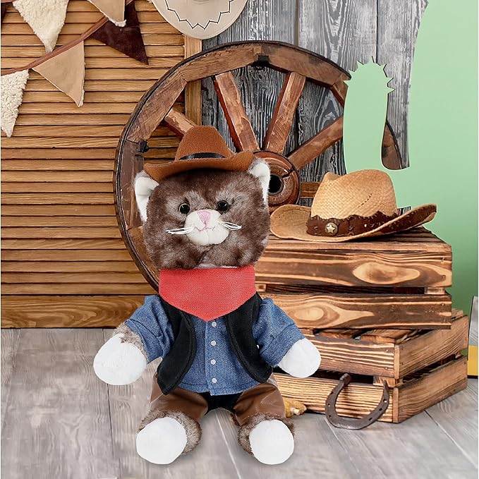 DolliBu 7-Inch Personalized Cowboy Brown Cat Plush – Western-Themed Stuffed Animal with Denim Vest, Bandana, Leather Pants & Hat