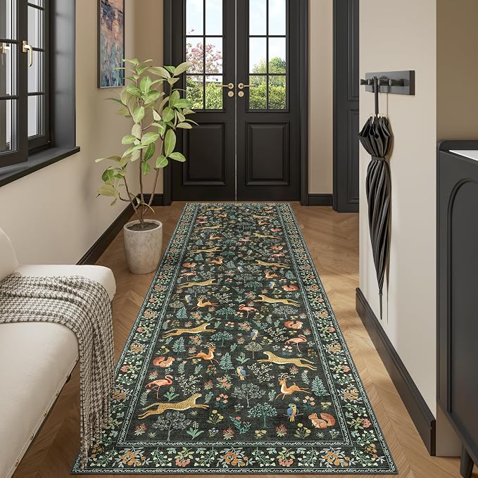 DUKINO 3x10 Washable Runner Rug, Non Slip Animal Rug for Hallway, Black | Low Pile, Stain Resistant, Soft Thin Indoor Rug Runner for Kitchen, Entryway, Bedroom, Bathroom, Pet Friendly, Non-Shedding