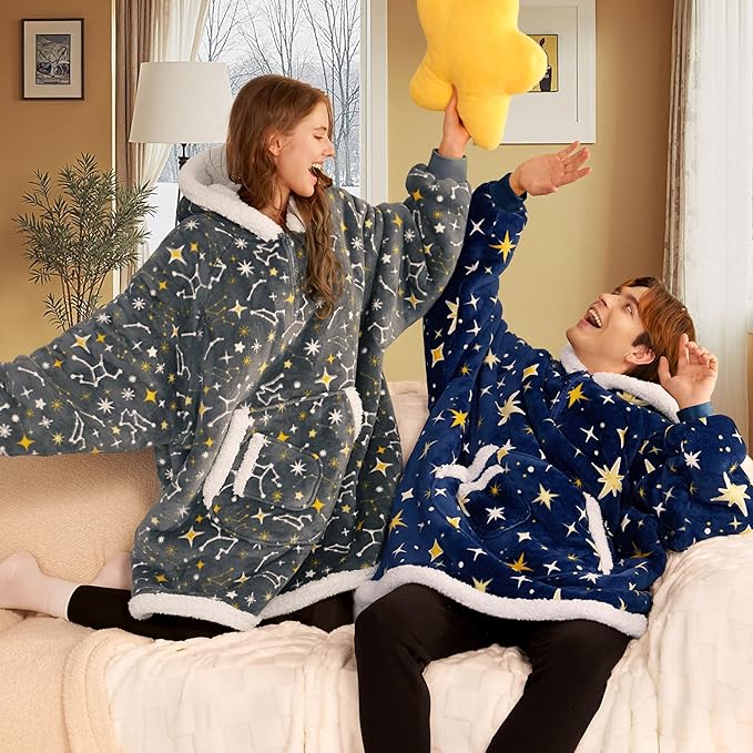 Giggling Getup Wearable Blanket Hoodie for Adults Gifts for Teen Girls Sister Women Sherpa Fleece Printed Hooded Blanket Sweatshirt Warm Cozy with Pocket & Sleeves Grey Glowing Stars
