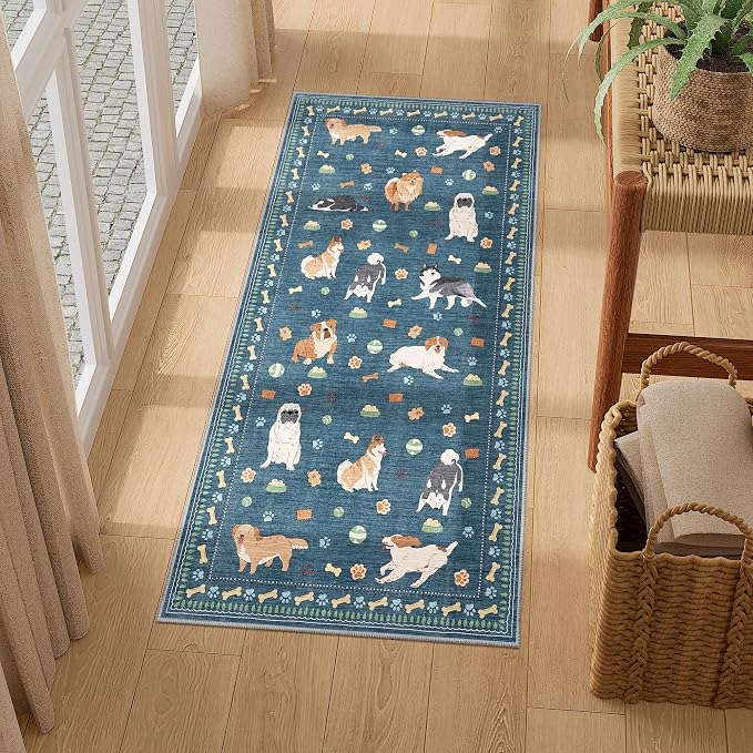 DUKINO 2x4 Rug Runner, Washable Dog Bathroom Rug Soft Non Slip, Blue | Low Pile, Non-Shedding, Stain Resistant, Indoor Animal Carpet Runner for Kitchen Entryway Hallway Laundry Farmhouse Bedroom
