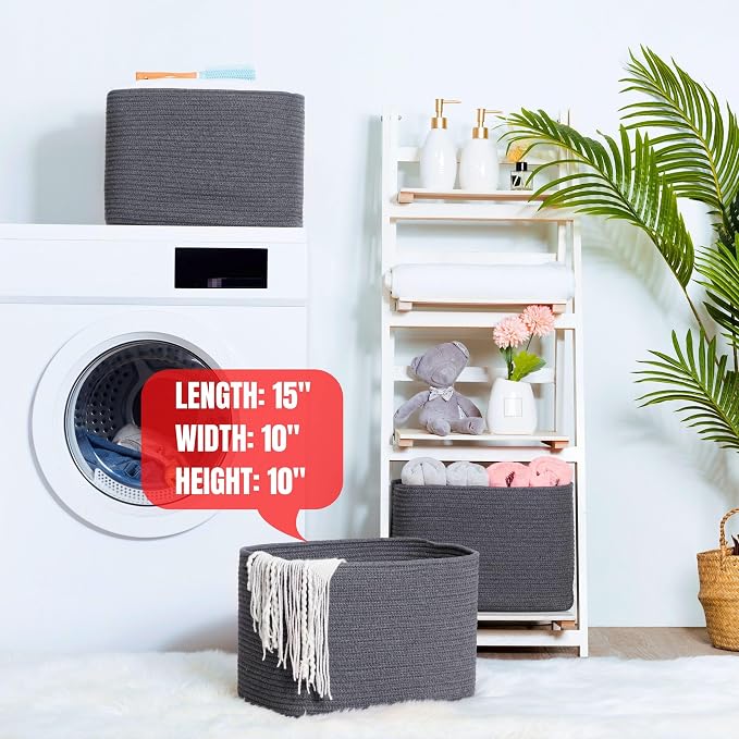 3-Pack Decorative Woven Storage Baskets for Shelves, Cube Bin Box for Organizing Books, Shoes, Dog Toys, Pantry Closet and Living Room Organizer, Charcoal Gray