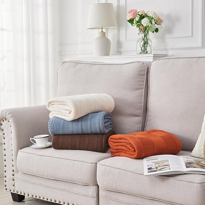 Douceur Cream Throw Blanket for Couch, Soft Cozy Lightweight Stripe Pattern Knitted Throw Blanket for Sofa, Living Room, 50"X60"