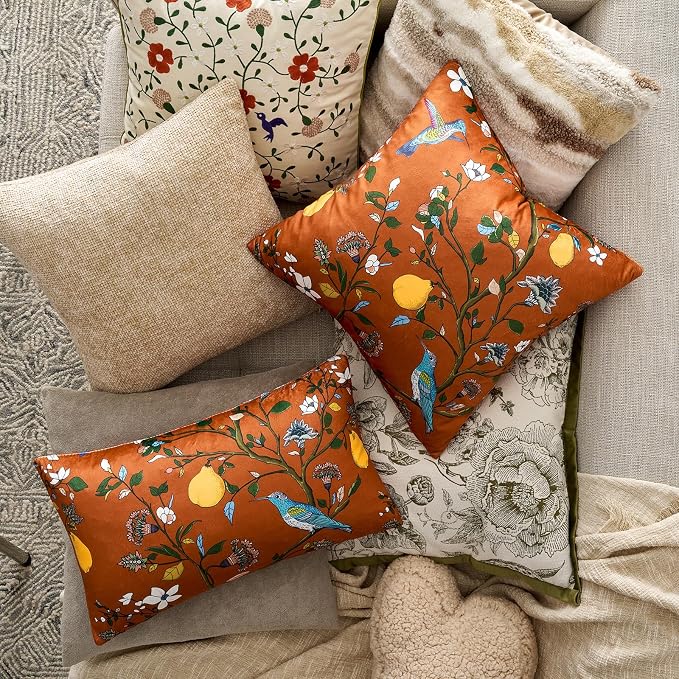 MUSSEL Burnt Orange Velvet Floral Decorative 20x20 Pillow Covers Set of 2 | Durable Sturdy,Botanical Printed Pattern,Throw Pillows Case,Square,Colorful Boho Cute Cushion Covers,Sofa Couch Decor