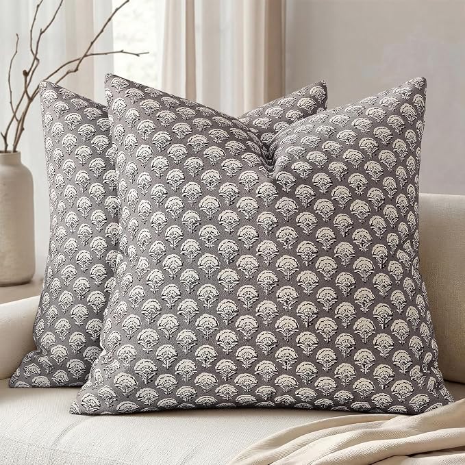 MIULEE Floral Print Decorative Pillow Covers 18x18, Stone Grey | Vintage Boho Farmhouse Modern Home Decor, Set of 2, Block Print Cushion Covers for Couch Sofa Bed Living Room