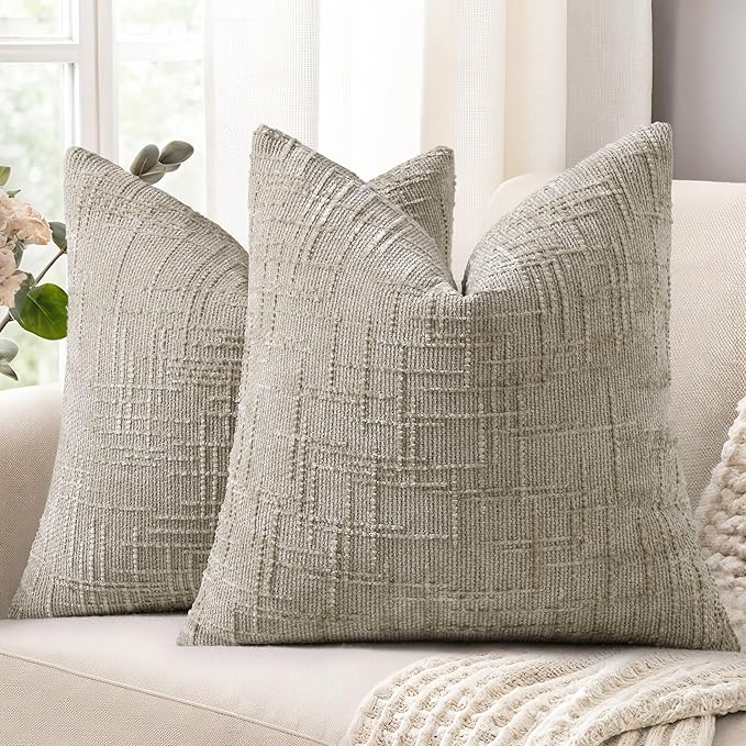decorUhome Textured Chenille Throw Pillow Covers 24x24 Set of 2 Light Brown | Fall Modern Farmhouse Soft Cozy Slubby Couch Pillow Cases Boho Decorative Pillow Cases for Bed Sofa Living Room Home Decor